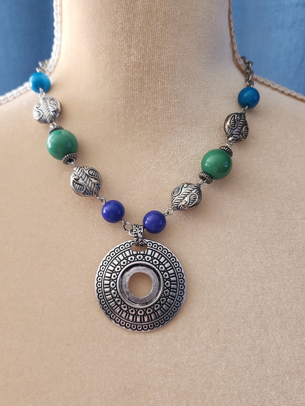 Bohemian Silver Pendant Necklace with Blue and Green Beads